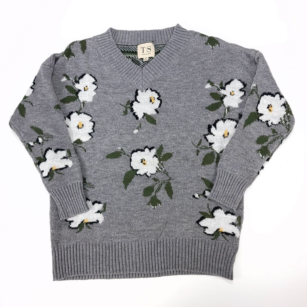 Twine and String Grey Floral V-Neck Knit Sweater Womens XS‎